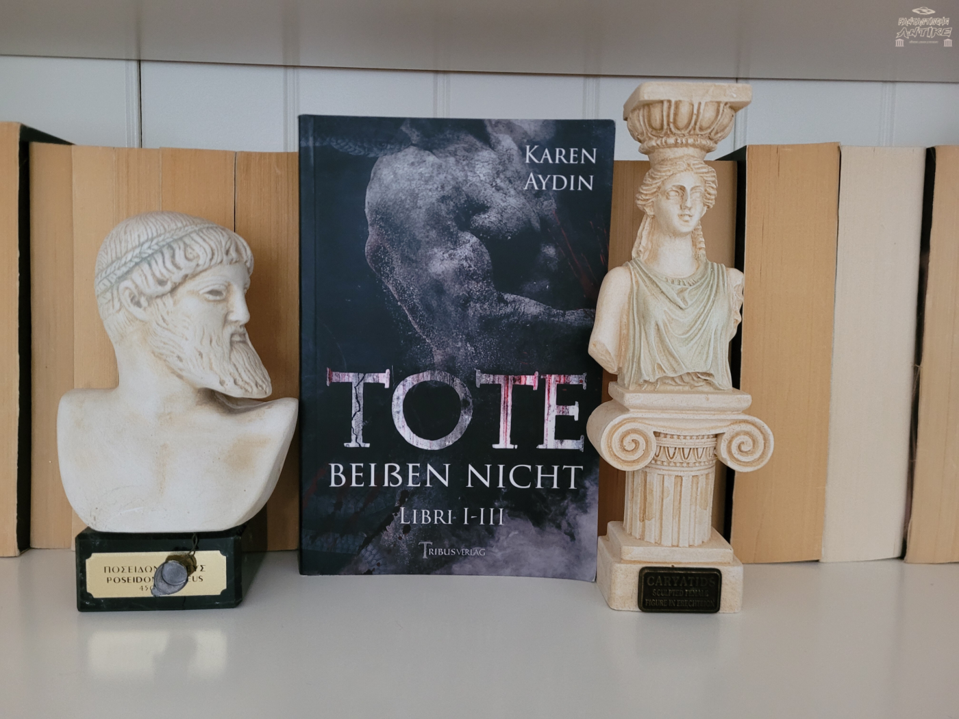 Das Bild zeigt den Roman "Tote beißen nicht" von Karen Aydin in meinem Bücherregal zwischen einer Zeus-Büste und einer Karyatide.